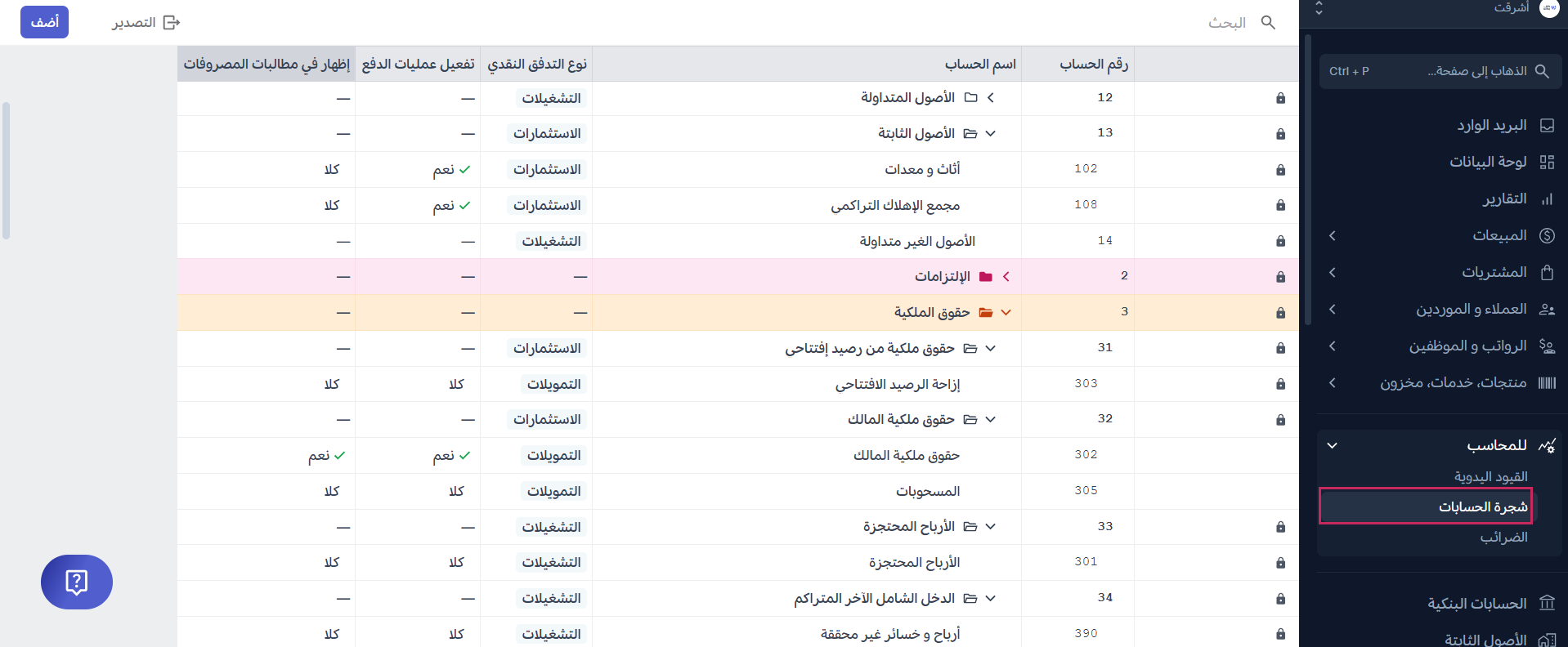 مطابقة الحسابات في شجرة وافِق