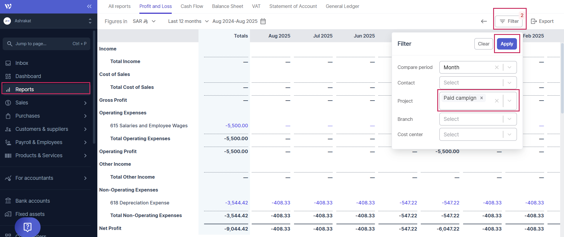 Filtering Reports by Project