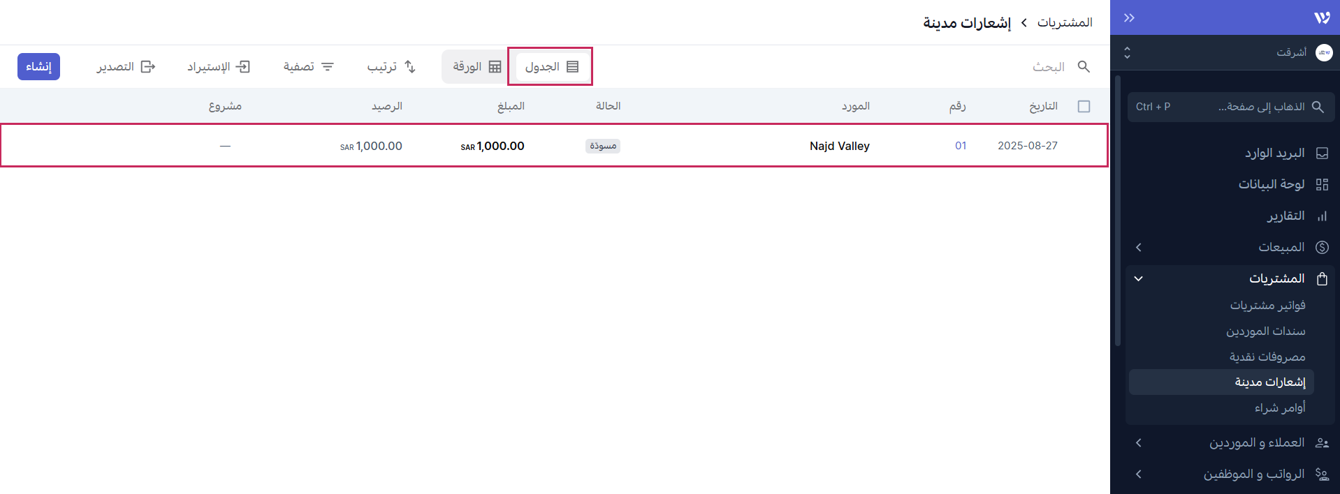 الإجراءات المتاحة على الإشعار المدين بعد الحفظ