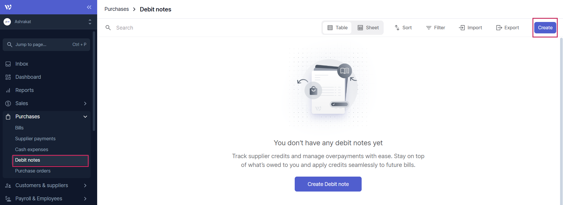 Creating a Debit Note