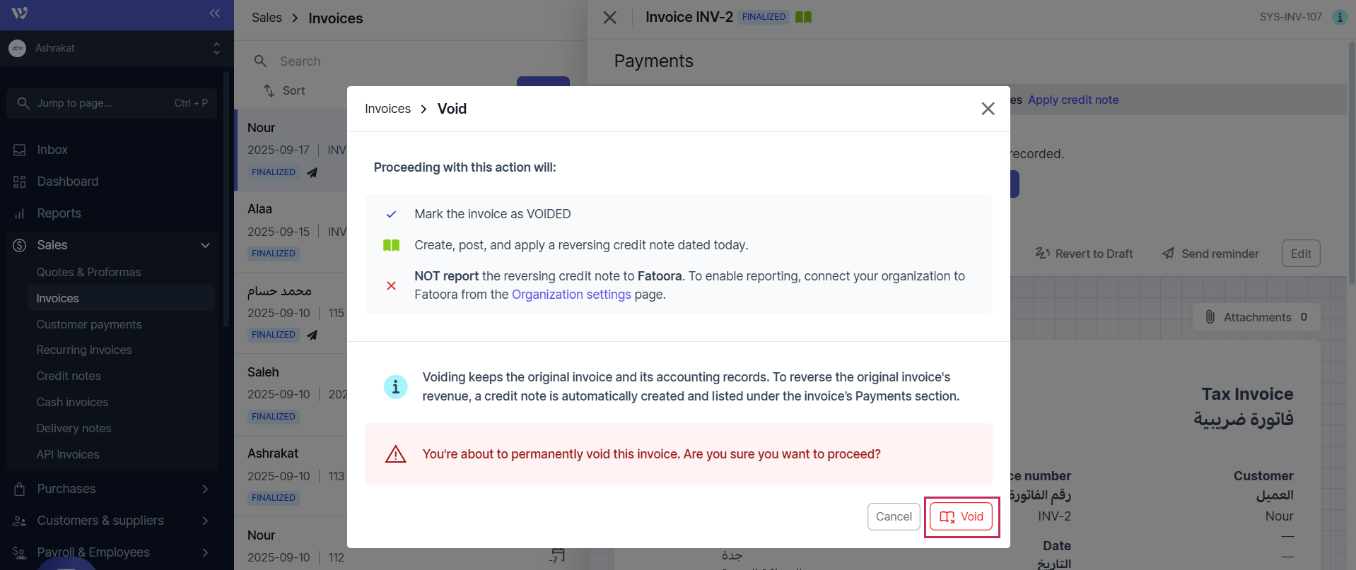 confirm voiding the invoice