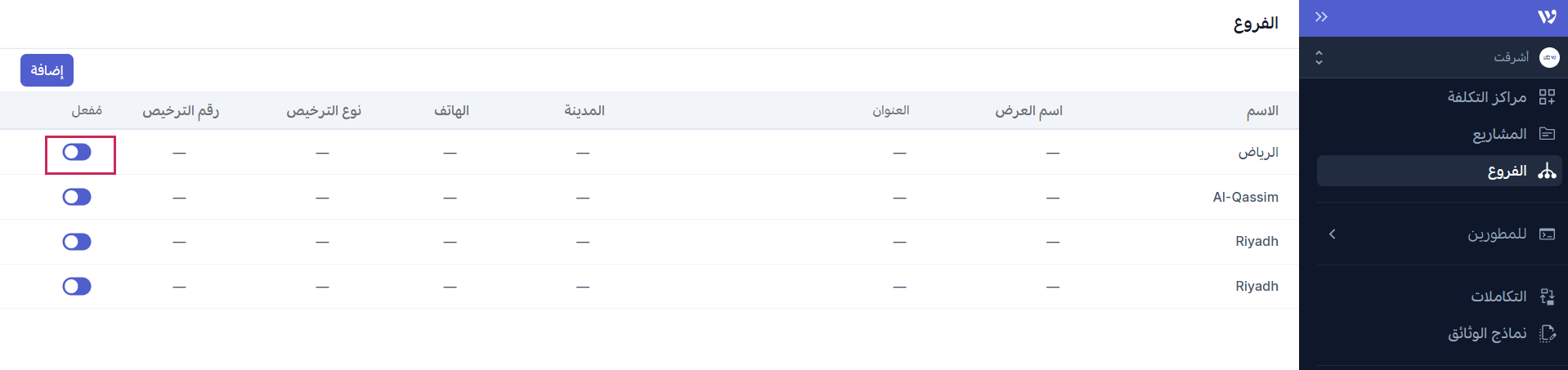 تفعيل الفرع