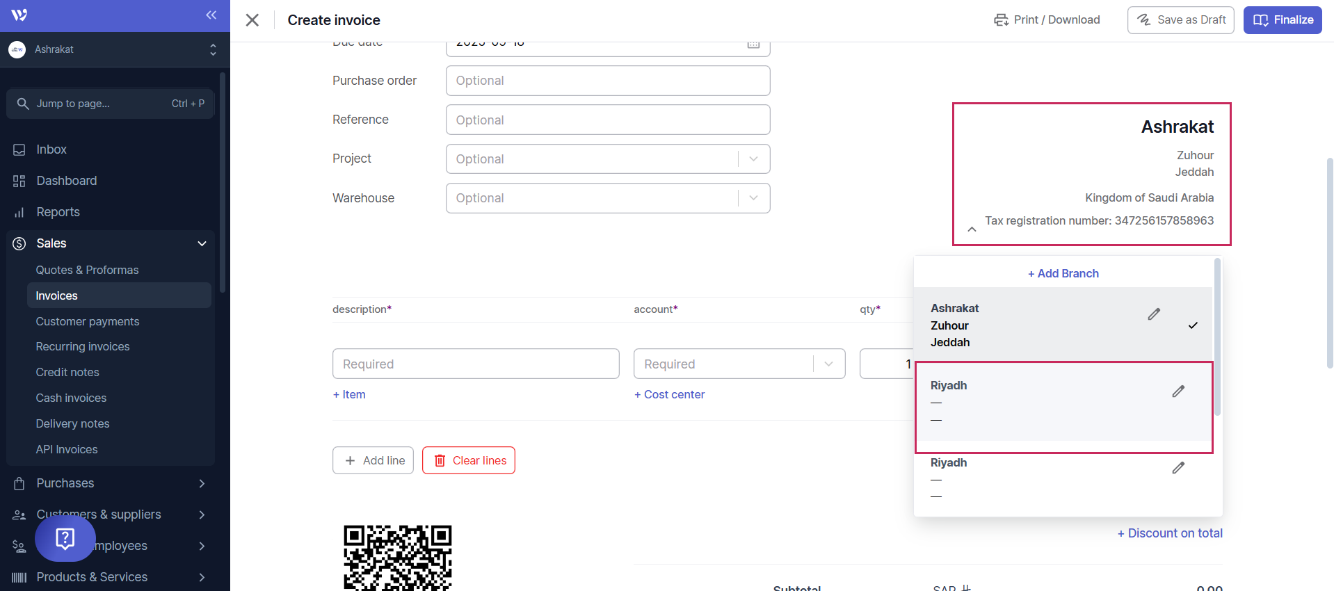 select the desired branch within the invoice creation screen