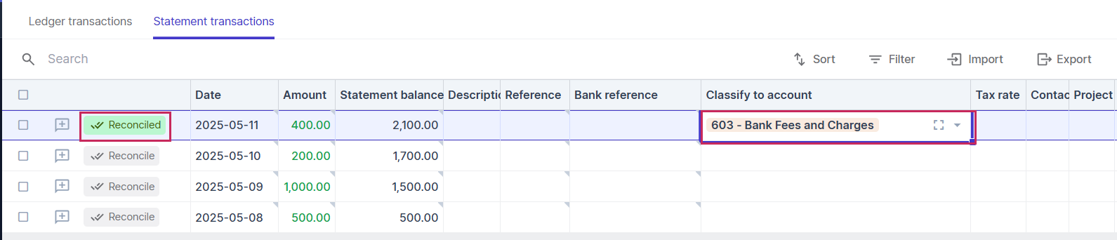 Select the bank account you want to match the bank transaction with