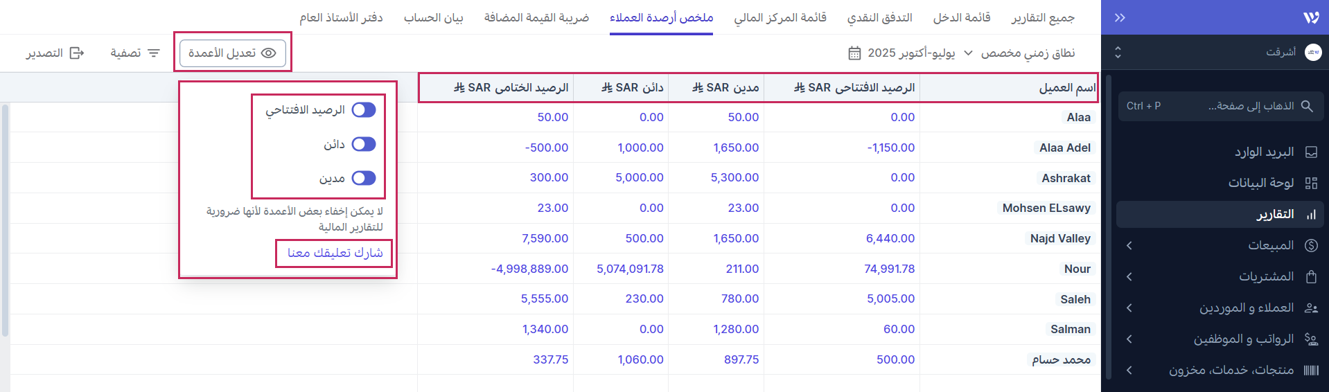  تقرير ملخص أرصدة العملاء في وافِق