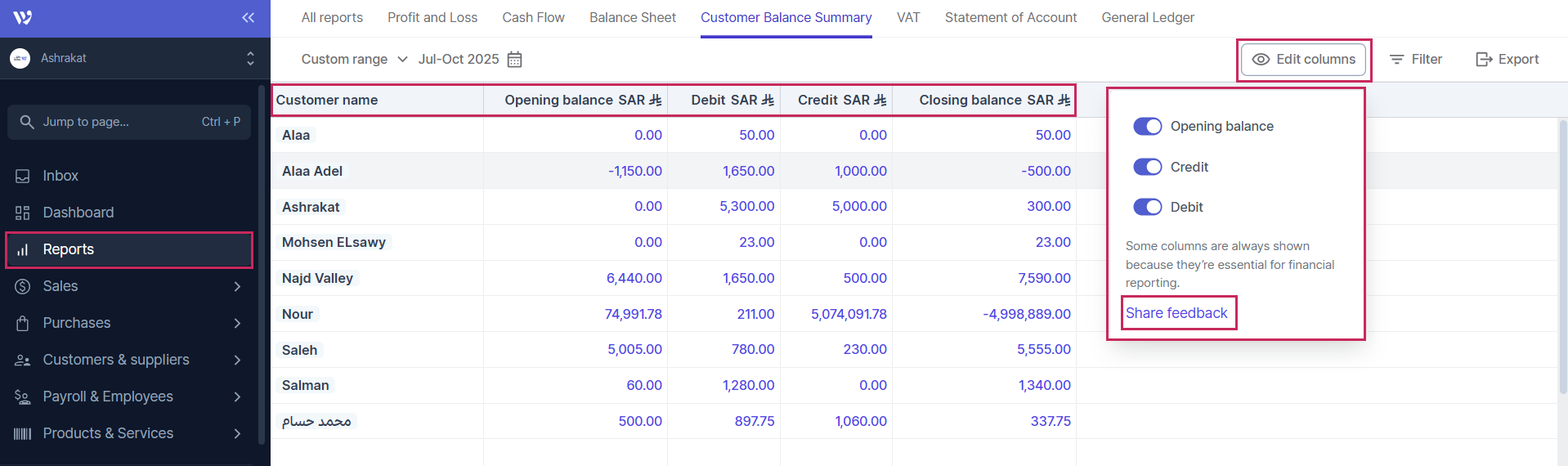 Wafeq’s Customer Balance Summary Report